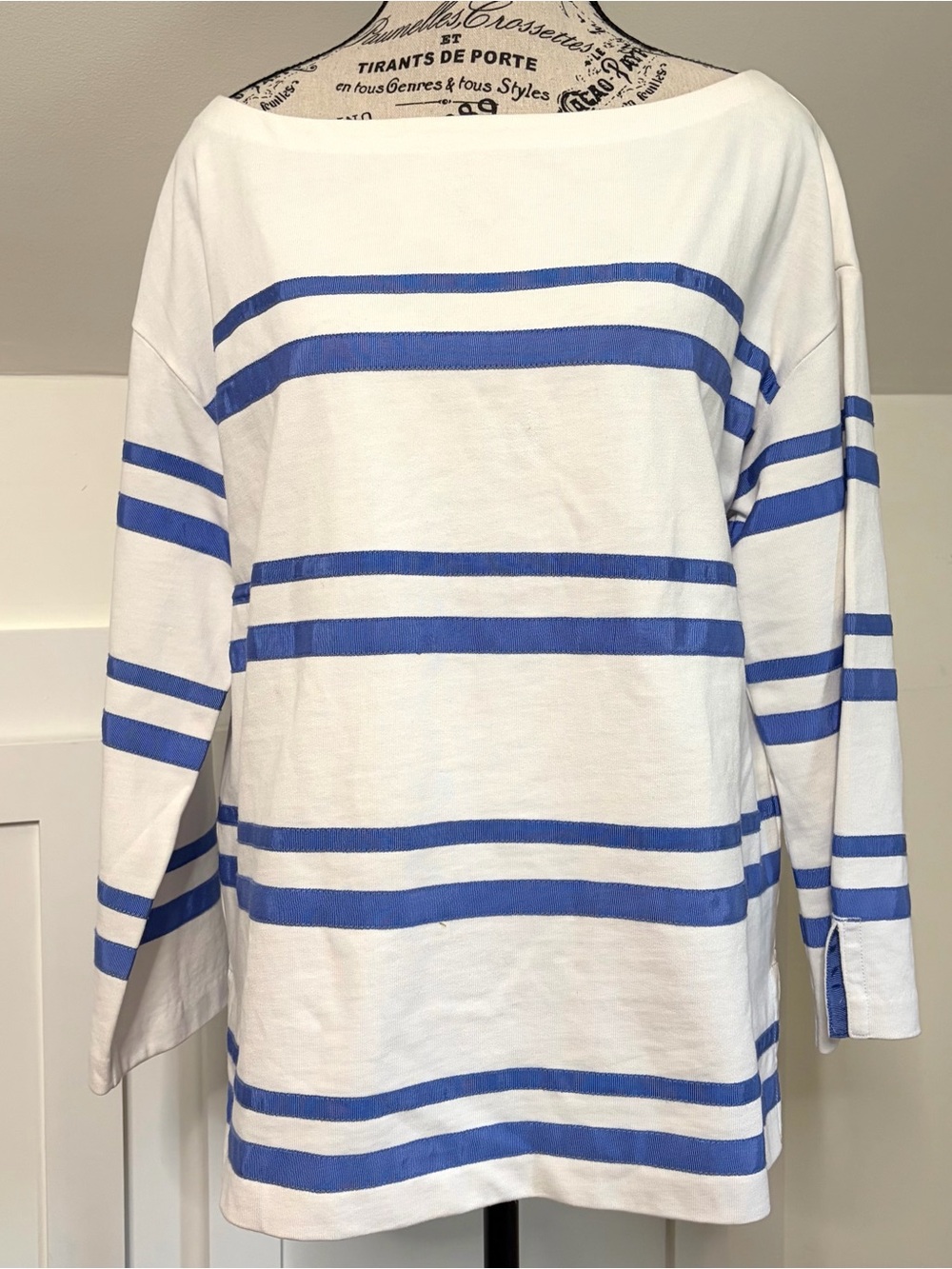 Tory Burch White Blue Breton Stripe Ribbon Boatneck Top Coastal Sz L
